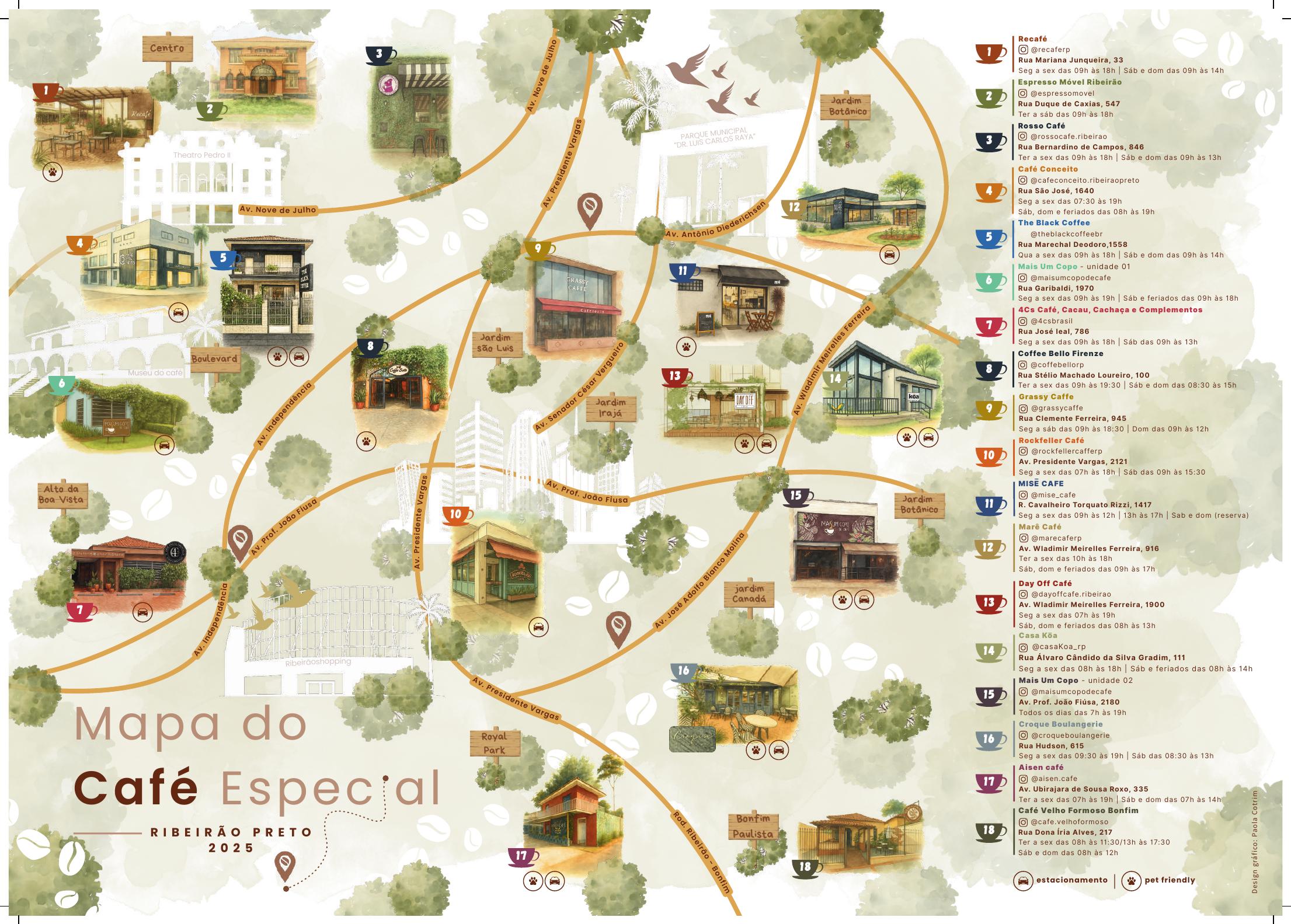 Mapa ilustrado do Café Especial de Ribeirão Preto 2025 com as 18 cafeterias participantes