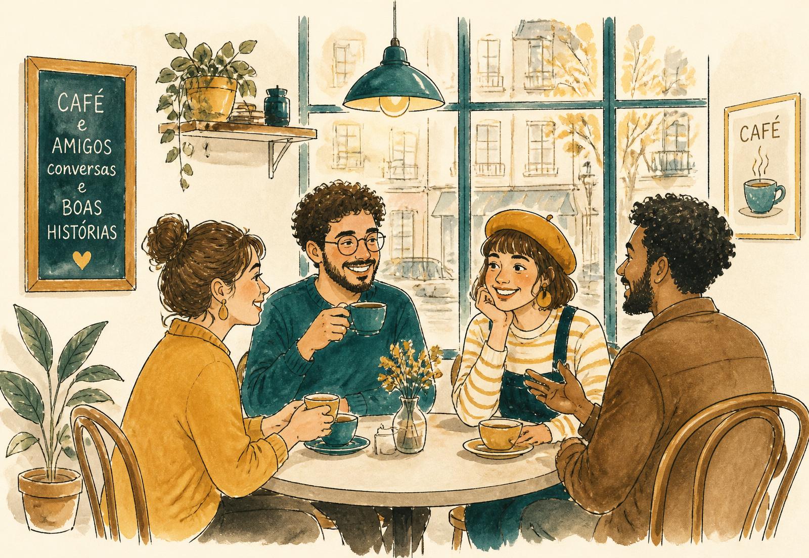 Amigos conversando em uma cafeteria
